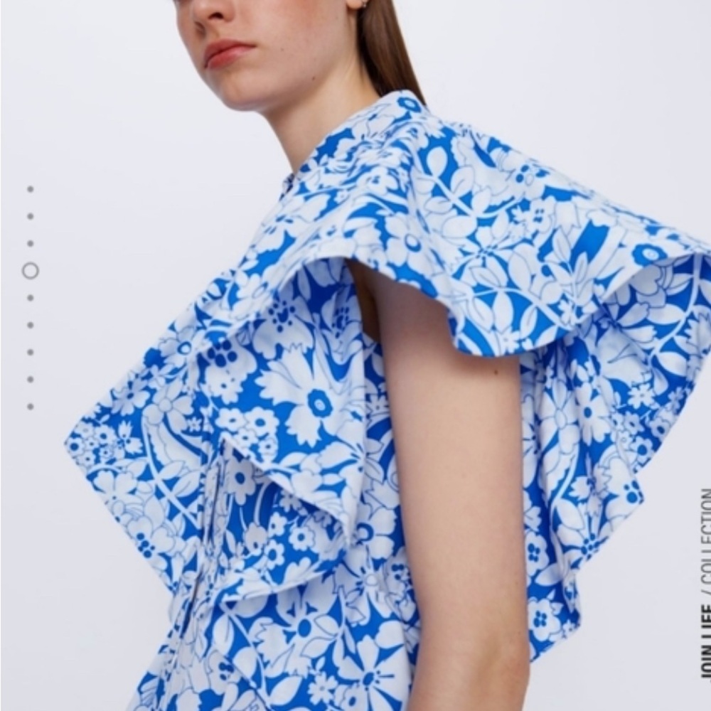 Zara Floral Printed Poplin Flutter Statement Sleeves Top Size xSmall - Picture 2 of 11